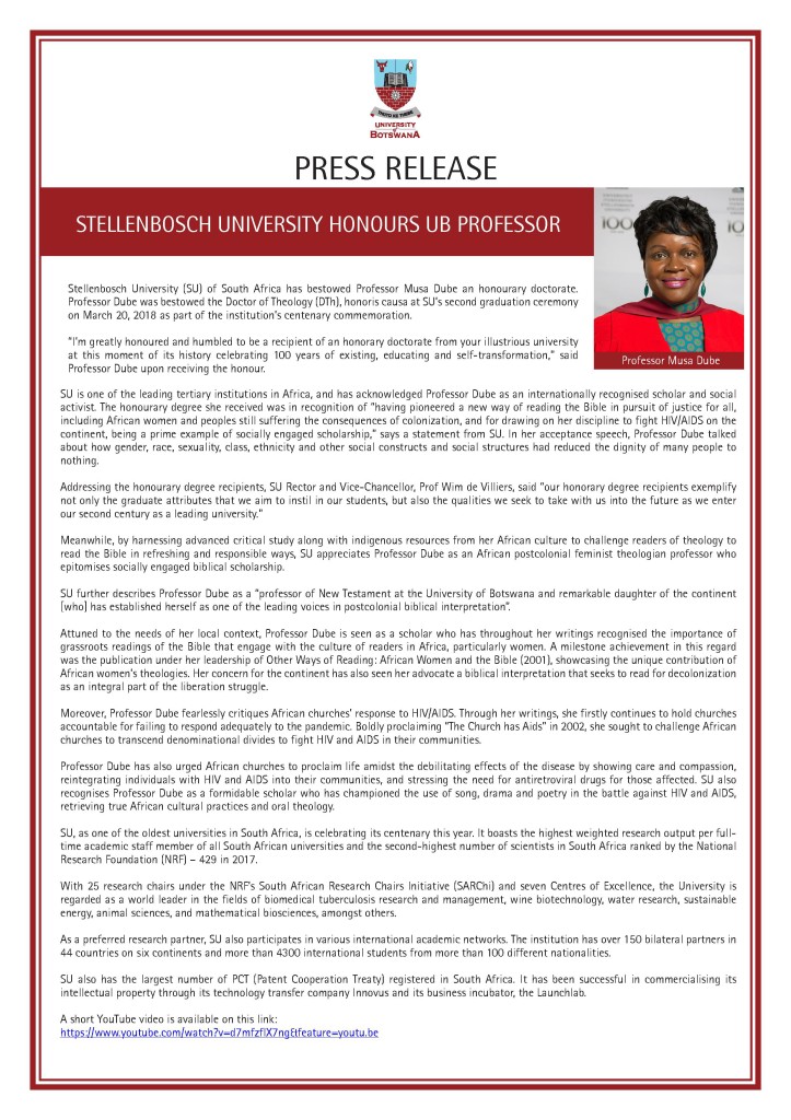 HONORARY DOCTORATE DUBE PRESS RELEASE